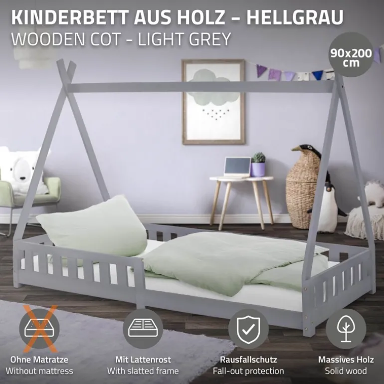 Kinderbett Tipi 90x200 cm Hellgrau aus Kiefernholz mit Rausfallschutz und Lattenrost Holzbett ML-Design