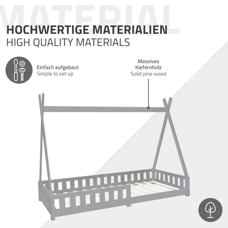 Kinderbett Tipi 90x200 cm Hellgrau aus Kiefernholz mit Rausfallschutz und Lattenrost Holzbett ML-Design