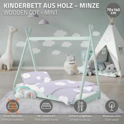 Kinderbett Tipi 70x140 cm Minze aus Kiefernholz Holzbett mit Lattenrost ML-Design