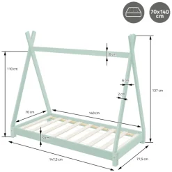 Kinderbett Tipi 70x140 cm Minze aus Kiefernholz inkl. Matratze H-10cm Holzbett mit Lattenrost ML-Design