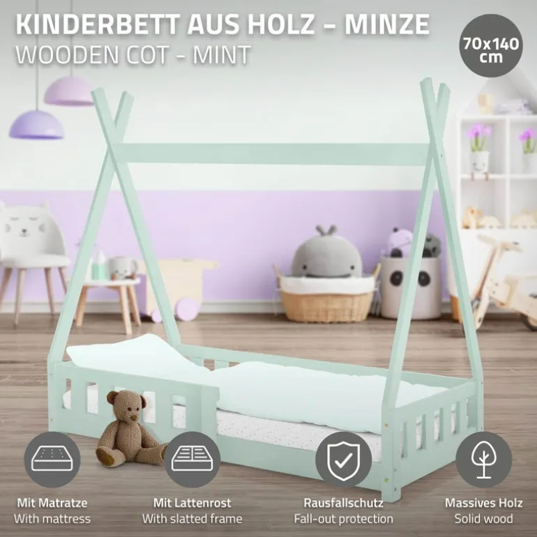 Kinderbett Tipi 70x140 cm Minze aus Kiefernholz inkl. Matratze H-10cm Rausfallschutz und Lattenrost ML-Design
