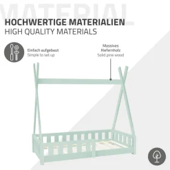 Kinderbett Tipi 70x140 cm Minze aus Kiefernholz inkl. Matratze H-10cm Rausfallschutz und Lattenrost ML-Design