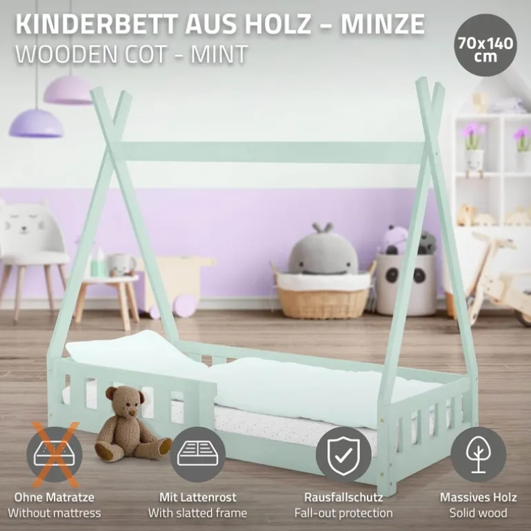 Kinderbett Tipi 70x140 cm Minze aus Kiefernholz mit Rausfallschutz und Lattenrost Holzbett ML-Design