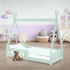 Kinderbett Tipi 70x140 cm Minze aus Kiefernholz mit Rausfallschutz und Lattenrost Holzbett ML-Design