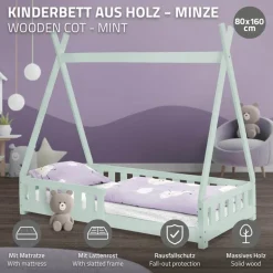 Kinderbett Tipi 80x160 cm Minze aus Kiefernholz inkl. Matratze H-10cm Rausfallschutz und Lattenrost ML-Design