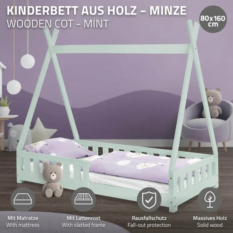 Kinderbett Tipi 80x160 cm Minze aus Kiefernholz inkl. Matratze H-10cm Rausfallschutz und Lattenrost ML-Design