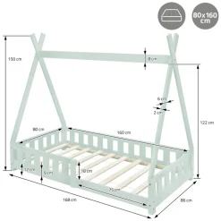Kinderbett Tipi 80x160 cm Minze aus Kiefernholz inkl. Matratze H-10cm Rausfallschutz und Lattenrost ML-Design