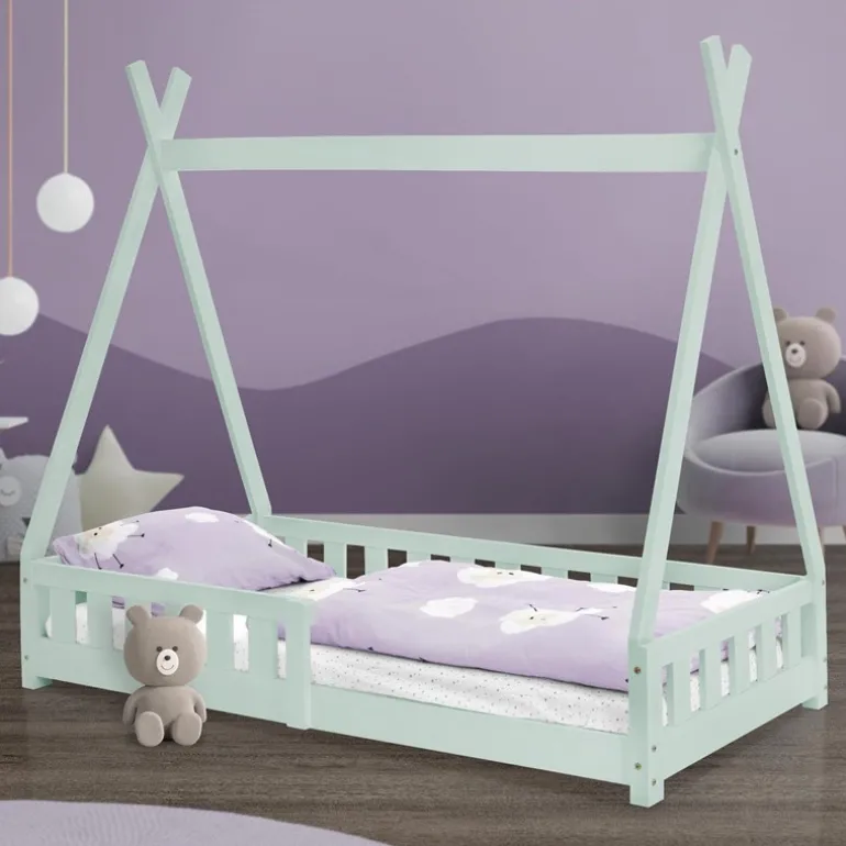 Kinderbett Tipi 80x160 cm Minze aus Kiefernholz mit Rausfallschutz und Lattenrost Holzbett ML-Design