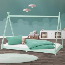 Kinderbett Tipi 90x200 cm Minze aus Kiefernholz Holzbett mit Lattenrost ML-Design