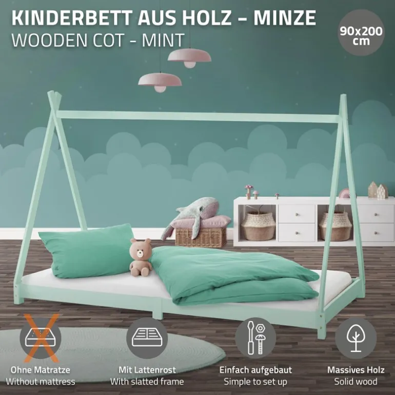Kinderbett Tipi 90x200 cm Minze aus Kiefernholz Holzbett mit Lattenrost ML-Design
