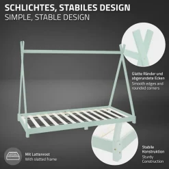 Kinderbett Tipi 90x200 cm Minze aus Kiefernholz Holzbett mit Lattenrost ML-Design
