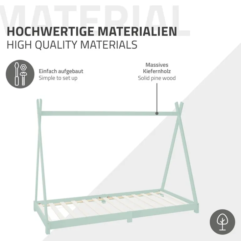 Kinderbett Tipi 90x200 cm Minze aus Kiefernholz Holzbett mit Lattenrost ML-Design