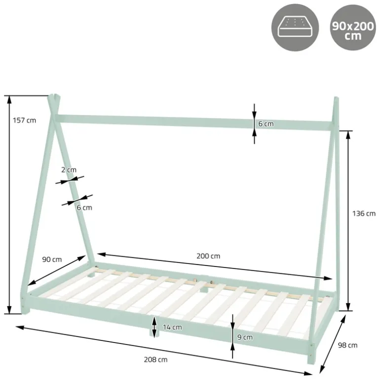 Kinderbett Tipi 90x200 cm Minze aus Kiefernholz Holzbett mit Lattenrost ML-Design