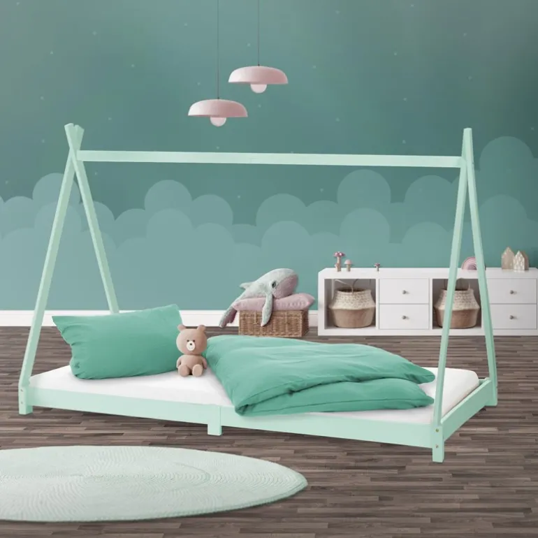 Kinderbett Tipi 90x200 cm Minze aus Kiefernholz Holzbett mit Lattenrost ML-Design