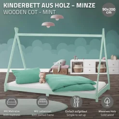 Kinderbett Tipi 90x200 cm Minze aus Kiefernholz inkl. Matratze H-10cm Holzbett mit Lattenrost ML-Design