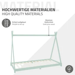 Kinderbett Tipi 90x200 cm Minze aus Kiefernholz inkl. Matratze H-10cm Holzbett mit Lattenrost ML-Design