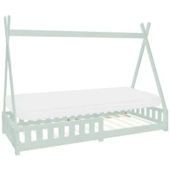 Kinderbett Tipi 90x200 cm Minze aus Kiefernholz inkl. Matratze H-10cm Rausfallschutz und Lattenrost ML-Design
