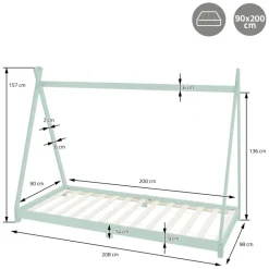 Kinderbett Tipi 90x200 cm Minze aus Kiefernholz inkl. Matratze H-16cm Holzbett mit Lattenrost ML-Design