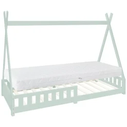Kinderbett Tipi 90x200 cm Minze aus Kiefernholz inkl. Matratze H-16cm Rausfallschutz und Lattenrost ML-Design