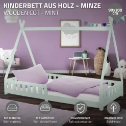 Kinderbett Tipi 90x200 cm Minze aus Kiefernholz inkl. Matratze H-16cm Rausfallschutz und Lattenrost ML-Design