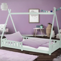 Kinderbett Tipi 90x200 cm Minze aus Kiefernholz mit Rausfallschutz und Lattenrost Holzbett ML-Design
