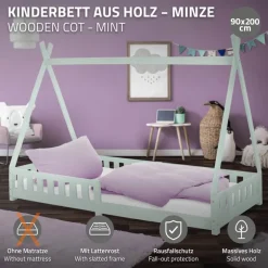 Kinderbett Tipi 90x200 cm Minze aus Kiefernholz mit Rausfallschutz und Lattenrost Holzbett ML-Design