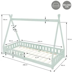 Kinderbett Tipi 90x200 cm Minze aus Kiefernholz mit Rausfallschutz und Lattenrost Holzbett ML-Design