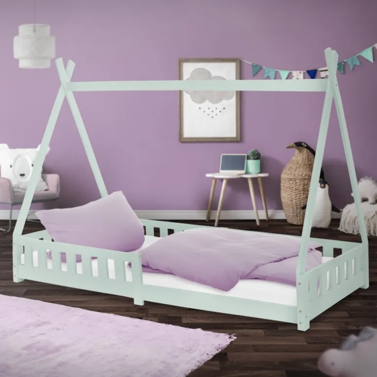 Kinderbett Tipi 90x200 cm Minze aus Kiefernholz mit Rausfallschutz und Lattenrost Holzbett ML-Design