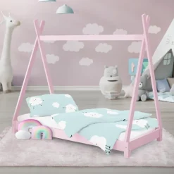 Kinderbett Tipi 70x140 cm Rosa aus Kiefernholz Holzbett mit Lattenrost ML-Design