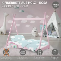 Kinderbett Tipi 70x140 cm Rosa aus Kiefernholz Holzbett mit Lattenrost ML-Design