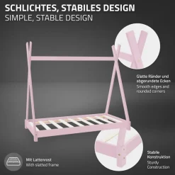 Kinderbett Tipi 70x140 cm Rosa aus Kiefernholz Holzbett mit Lattenrost ML-Design