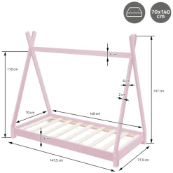 Kinderbett Tipi 70x140 cm Rosa aus Kiefernholz Holzbett mit Lattenrost ML-Design