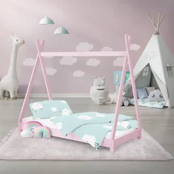 Kinderbett Tipi 70x140 cm Rosa aus Kiefernholz Holzbett mit Lattenrost ML-Design