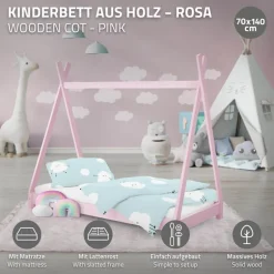 Kinderbett Tipi 70x140 cm Rosa aus Kiefernholz inkl. Matratze H-10cm Holzbett mit Lattenrost ML-Design