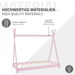 Kinderbett Tipi 70x140 cm Rosa aus Kiefernholz inkl. Matratze H-10cm Holzbett mit Lattenrost ML-Design