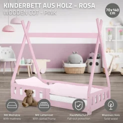 Kinderbett Tipi 70x140 cm Rosa aus Kiefernholz inkl. Matratze H-10cm Rausfallschutz und Lattenrost ML-Design