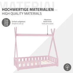 Kinderbett Tipi 70x140 cm Rosa aus Kiefernholz inkl. Matratze H-10cm Rausfallschutz und Lattenrost ML-Design