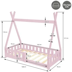 Kinderbett Tipi 70x140 cm Rosa aus Kiefernholz inkl. Matratze H-10cm Rausfallschutz und Lattenrost ML-Design