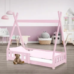 Kinderbett Tipi 70x140 cm Rosa aus Kiefernholz mit Rausfallschutz und Lattenrost Holzbett ML-Design
