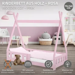 Kinderbett Tipi 70x140 cm Rosa aus Kiefernholz mit Rausfallschutz und Lattenrost Holzbett ML-Design