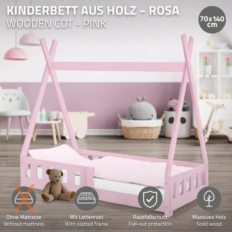 Kinderbett Tipi 70x140 cm Rosa aus Kiefernholz mit Rausfallschutz und Lattenrost Holzbett ML-Design