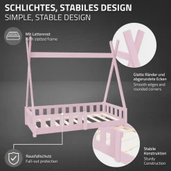 Kinderbett Tipi 70x140 cm Rosa aus Kiefernholz mit Rausfallschutz und Lattenrost Holzbett ML-Design