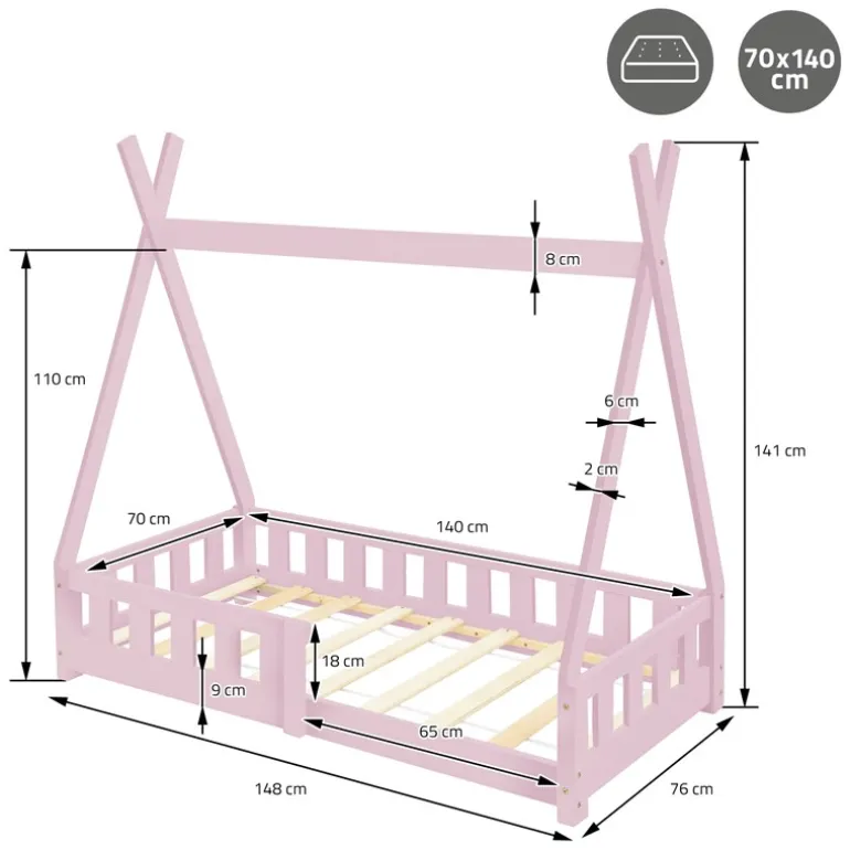 Kinderbett Tipi 70x140 cm Rosa aus Kiefernholz mit Rausfallschutz und Lattenrost Holzbett ML-Design