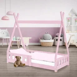 Kinderbett Tipi 70x140 cm Rosa aus Kiefernholz mit Rausfallschutz und Lattenrost Holzbett ML-Design