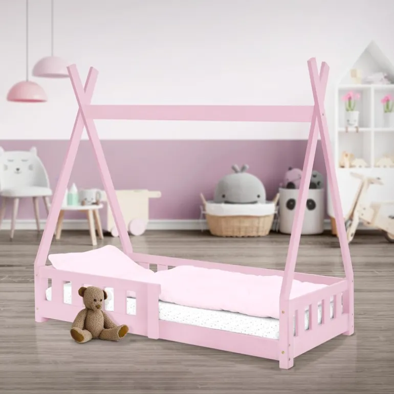 Kinderbett Tipi 70x140 cm Rosa aus Kiefernholz mit Rausfallschutz und Lattenrost Holzbett ML-Design