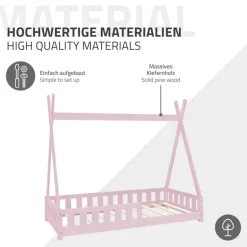 Kinderbett Tipi 80x160 cm Rosa aus Kiefernholz inkl. Matratze H-10cm Rausfallschutz und Lattenrost ML-Design