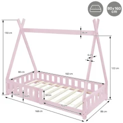 Kinderbett Tipi 80x160 cm Rosa aus Kiefernholz inkl. Matratze H-10cm Rausfallschutz und Lattenrost ML-Design