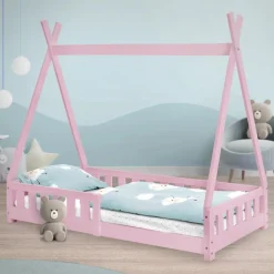 Kinderbett Tipi 80x160 cm Rosa aus Kiefernholz mit Rausfallschutz und Lattenrost Holzbett ML-Design