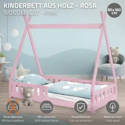 Kinderbett Tipi 80x160 cm Rosa aus Kiefernholz mit Rausfallschutz und Lattenrost Holzbett ML-Design
