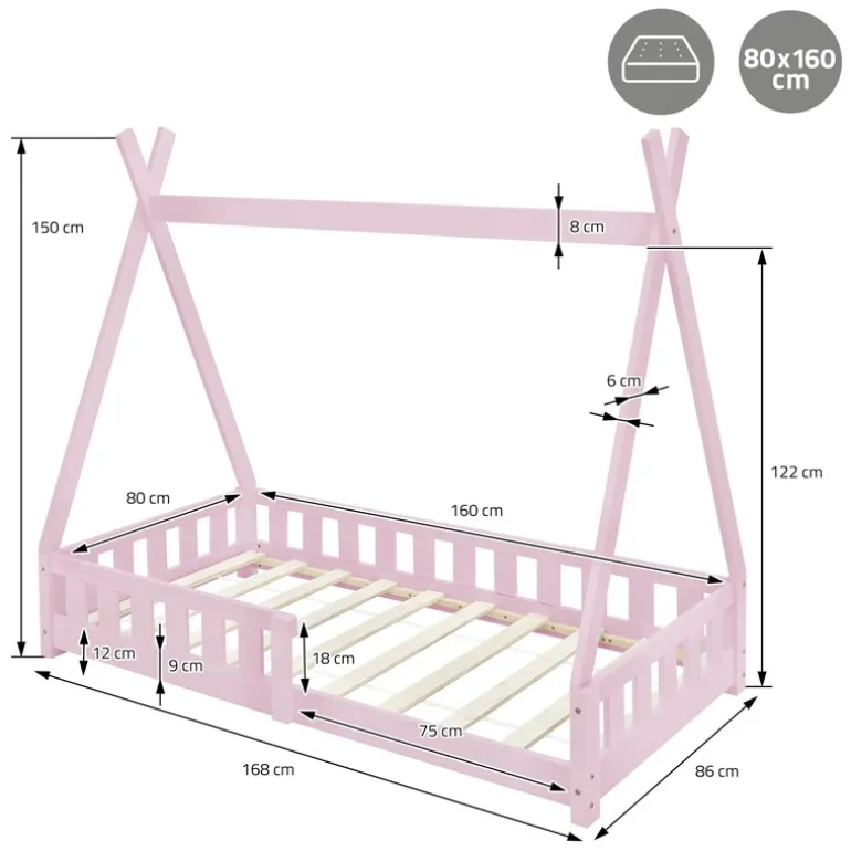 Kinderbett Tipi 80x160 cm Rosa aus Kiefernholz mit Rausfallschutz und Lattenrost Holzbett ML-Design